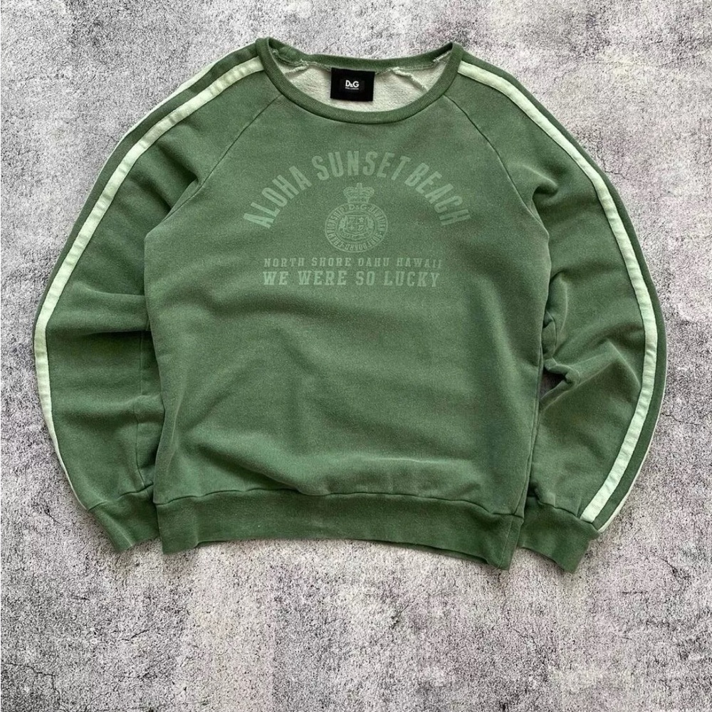 D&G Green Crewneck Sweater with Ribbed Cuffs